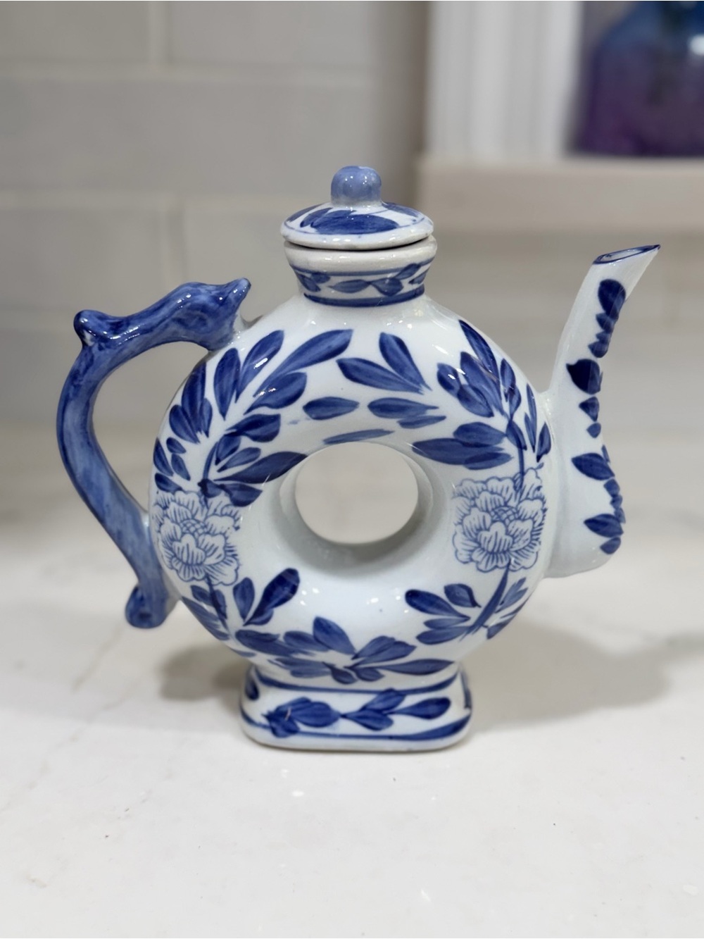 Blue & White Floral Donut Teapot Ceramic Decorative Vase